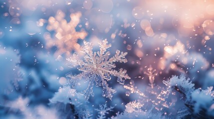 Snowflakes falling: Delicate snowflakes drift gently from the sky, dancing in the air before settling on the ground, each one a unique masterpiece.