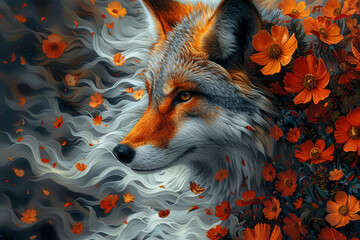 A close up of a whimsical fantasy wolf with flowers in his mane, digital art illustration 