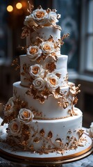 multi-tiered cake, adorned with edible silver leaf, flowers and intricate icing designs 