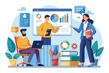A group of people presenting business charts and reports in front of a whiteboard, Business training, presenting charts and reports, Simple and minimalist flat Vector Illustration
