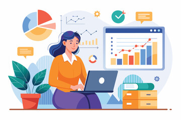 A woman sitting in front of a laptop computer, analyzing office financial data, Business woman analyzing office financial data graph, Simple and minimalist flat Vector Illustration
