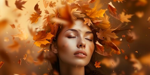 Autumn woman, portrait fantasy female with autumn leaves