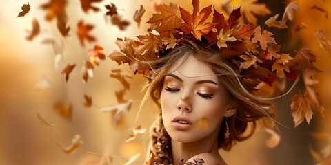 Autumn woman, portrait fantasy female with autumn leaves
