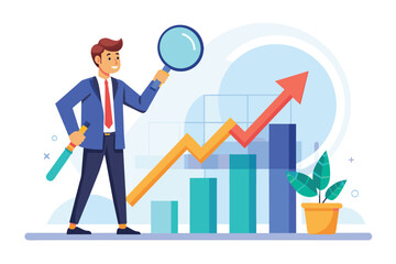 Businessman Holding Magnifying Glass, Businessman analyzing graph with magnifying glass trending, Simple and minimalist flat Vector Illustration