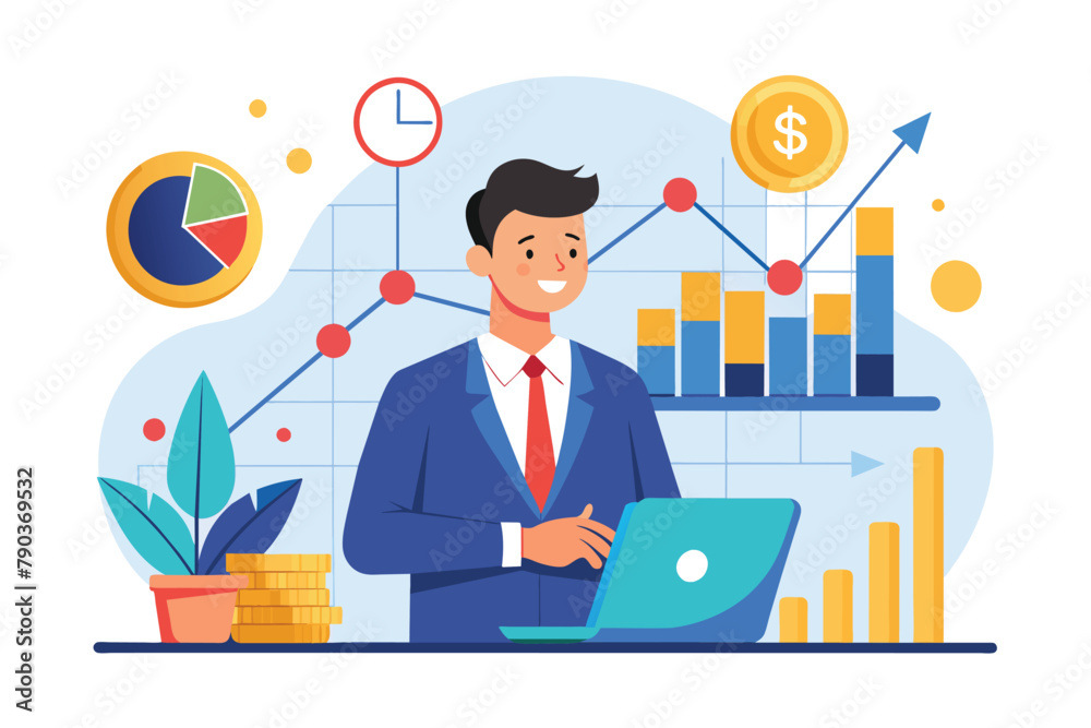 Canvas Prints Businessman Analyzing Profit on Laptop, Businessman invests capital analyzes profit graph, stock trading investment, Simple and minimalist flat Vector Illustration