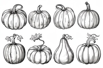 Set pumpkins outline, ink sketches on white background