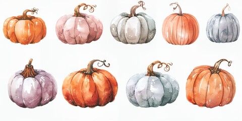 Set pumpkins, hand drawn illustration watercolor