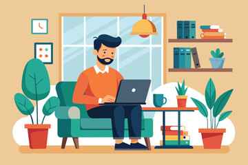 A businessman is sitting on a couch, focusing on his laptop screen while working in a minimalist home office setting, businessman working at home, Simple and minimalist flat Vector Illustration