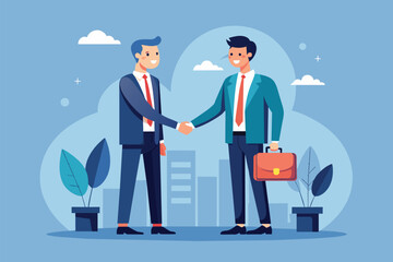 Obraz premium Two businessmen shaking hands in front of a cityscape, symbolizing a partnership agreement, Businessmen make a deal for partnership cooperation concept, Simple and minimalist flat Vector Illustration