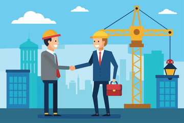 Fototapeta premium Two businessmen shake hands in front of construction site with crane in background, businessmen shaking hands, construction crane, Simple and minimalist flat Vector Illustration