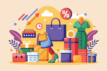 A woman walks past a pile of colorful presents, Buy stuff trending, Simple and minimalist flat Vector Illustration