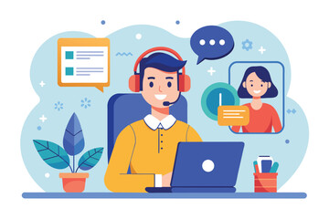 Man Sitting With Laptop and Headphones, call center and technical support for customers, online consultation, Simple and minimalist flat Vector Illustration