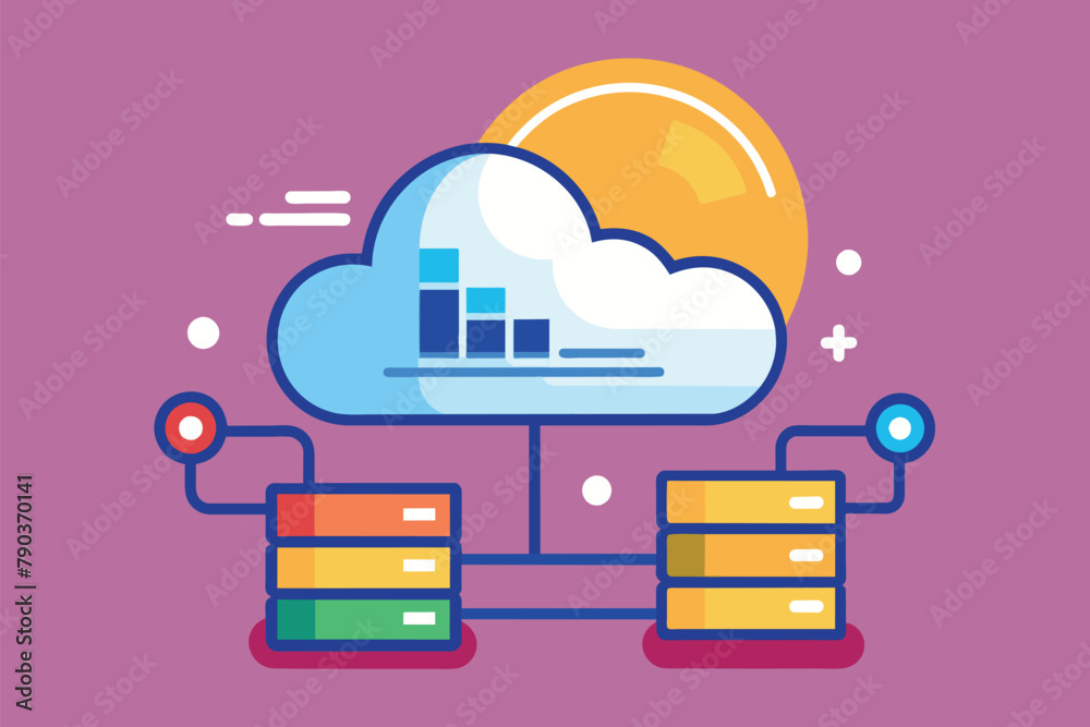 Poster a minimalist cloud with a bar chart on top, depicting data visualization in a simple style, cloud da