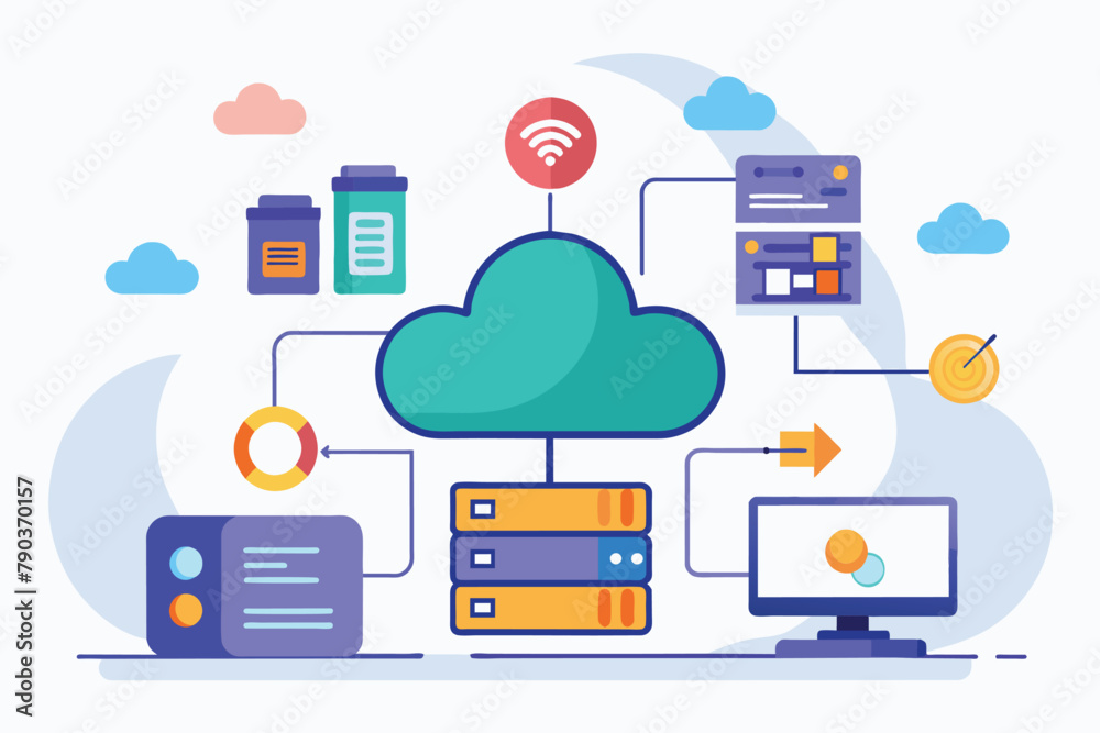 Poster a cloud surrounded by multiple devices for data management and synchronization, cloud data managemen