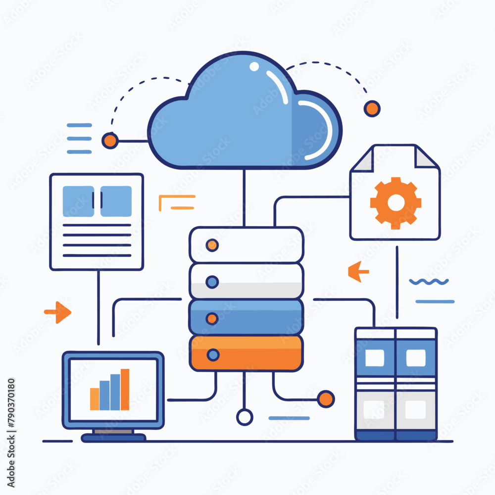 Poster a cloud connecting a computer and a laptop for data management and backup, cloud data management dat