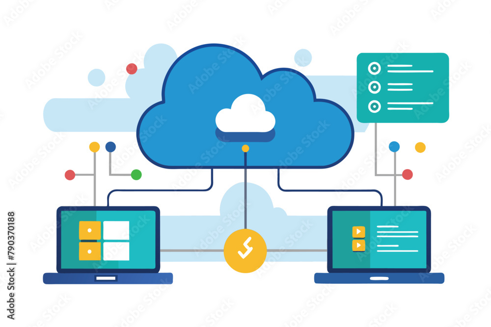 Poster two laptops connected to a cloud icon on a white background, representing cloud data synchronization