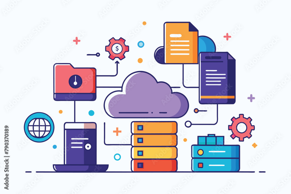 Poster a cloud in the center surrounded by a variety of different items in a scattered pattern, cloud data 