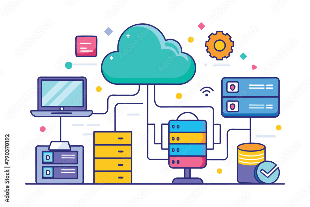 Poster a computer and a laptop are placed on top of a cloud, illustrating cloud computing technology, cloud