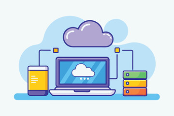 A laptop with a cloud symbol above it, representing cloud data backup and storage, cloud data backup with laptop, Simple and minimalist flat Vector Illustration