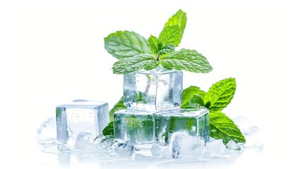 Closeup detail of ice cubes stack with green mint leaves on white background. AI generated image