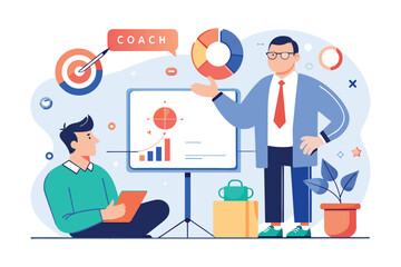 Fototapeta na wymiar A man is giving a presentation to another man in a business setting, Coaching business infographic business training, Simple and minimalist flat Vector Illustration