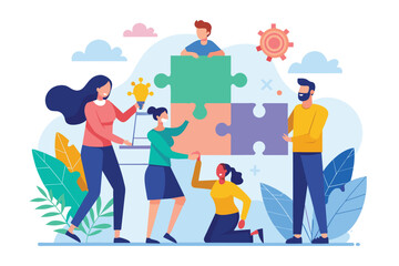 Naklejka premium Multiple individuals gathered around a single puzzle piece, engaging in collaborative problem-solving, Collaborative puzzles trending, Simple and minimalist flat Vector Illustration