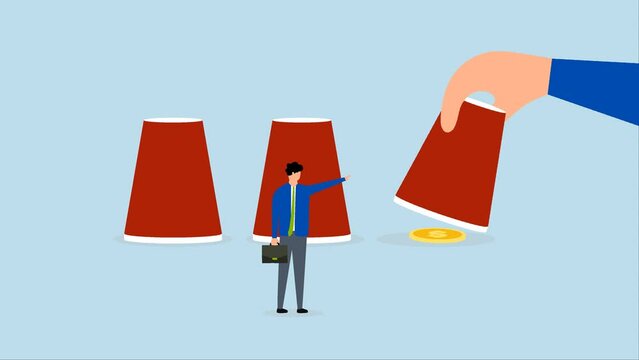 Gambling risk, Animation of businessman investor points to right cup with human man to open it to reveal money dollar coin profit.