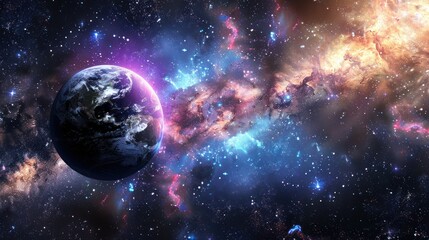 A planet is seen in space, surrounded by a nebula and stars. The image has a deep blue color with purple and red hues. - obrazy, fototapety, plakaty