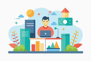 A man sitting at a desk, focused on his laptop screen while working, Company presentation trending, Simple and minimalist flat Vector Illustration