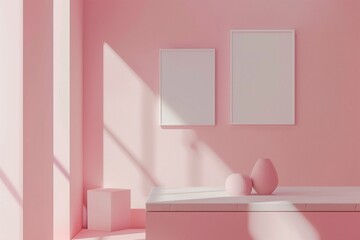 Luxurious Gallery Setting with Blush Pink Walls, Equipped with Blank Canvas Frames,