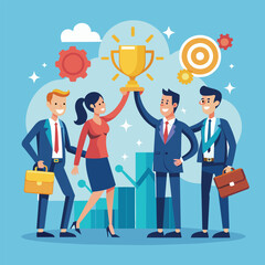 Teamwork celebrating success with a trophy in hand, Company teamwork has achieved a successful business deal, Simple and minimalist flat Vector Illustration