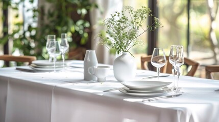 A white tablecloth covers a rectangular table complimented by a vase of flowers enhancing the home s interior design with a natural element - obrazy, fototapety, plakaty