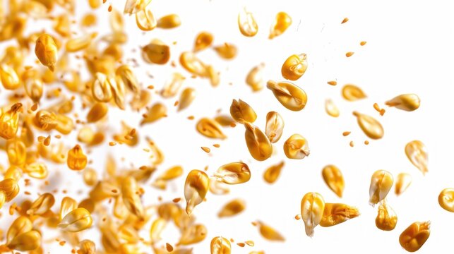 Falling dry yellow many corn seeds detailed on white background. AI generated image