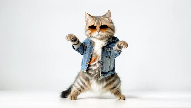 Funny cat wearing orange sunglasses and denim jacket standing in dancing pose on light gray background. High quality 4k footage