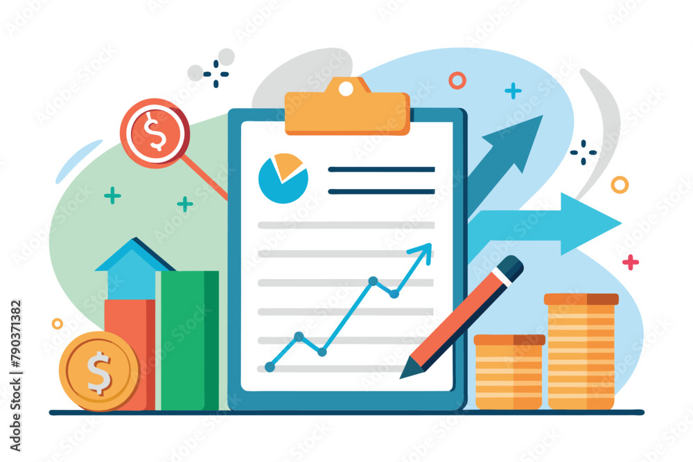 Poster Clipboard, Pen, Pencil, Stacks of Coins, Contract business and make profits together trending, Simple and minimalist flat Vector Illustration