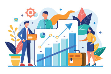 A man and a woman are examining a chart together, focusing on sales data for their business, Cooperate for sales business trending, Simple and minimalist flat Vector Illustration