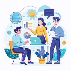 A group of people sitting around a table, engrossed in work on their laptops, Cooperation employee communication discussion partner business project, Simple and minimalist flat Vector Illustration