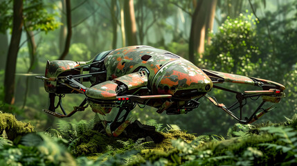 Futuristic flying vehicle in the middle of forest filled with green plants.