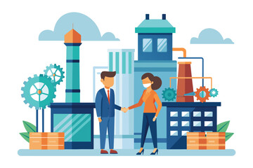 Man and Woman Shaking Hands in Front of Factory, Cooperation of an industrial company, Simple and minimalist flat Vector Illustration