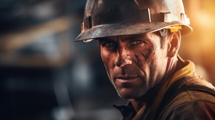 Close-up of a man wearing a hard hat and work clothes, with a serious expression on his face. Surrounded by equipment and a spotlight shining on him. - Powered by Adobe