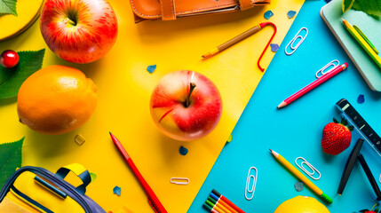 Apple, pencils, and other school supplies on yellow and blue background.