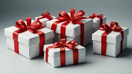 Obraz premium Elegant white gift boxes with red ribbons on a clean background