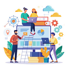 Teamworking on Top of a Computer Screen, Creative teamwork, Building a business project on the Internet, Simple and minimalist flat Vector Illustration