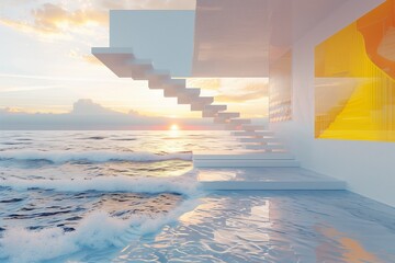 Minimalist Oceanfront Dwelling with Golden Yellow Art Gallery and Airborne Stairs Above Soft Waves