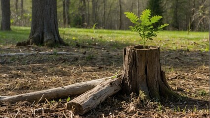 Obraz premium A sapling growing beside the remains of a dead tree