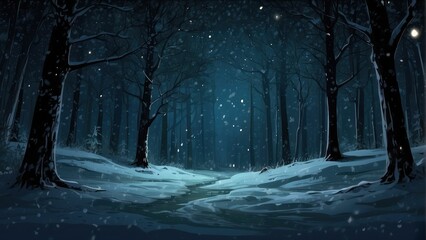 Snowy winter night in a tranquil forest with a serene atmosphere
