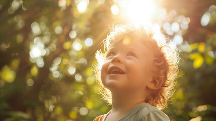 Toddler's outdoor adventure: A happy Caucasian toddler explores the outdoors, their fair skin kissed by the sun as they embrace the wonders of nature.