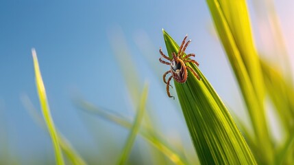 Macro photography of a lone tick in close-up, sitting on a thin blade of grass against a blue sky background