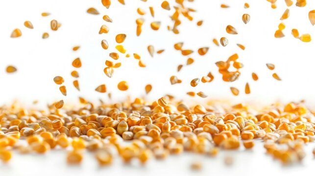 Falling dry yellow many corn seeds detailed on white background. AI generated image