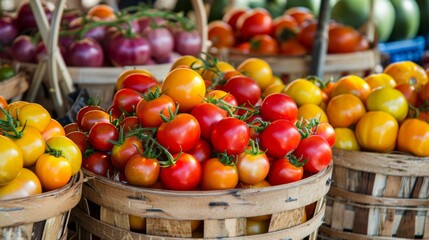 Tomato farmer's market: Colorful tomatoes are displayed in baskets at a vibrant farmer's market, tempting shoppers with their juicy goodness.